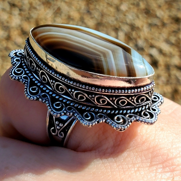 New Huge Botswana Agate Antique Design 925 Silver Statement Ring. - Picture 8 of 16